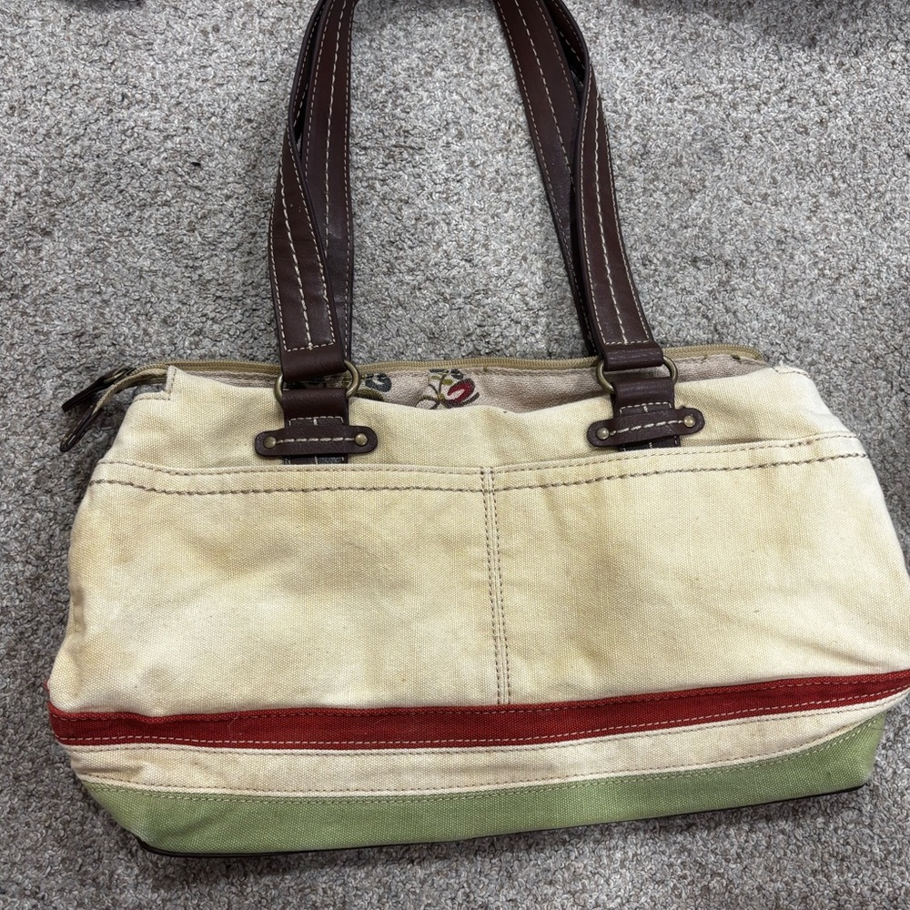 Stylish Canvas Shoulder Bag with Red and Green Accents